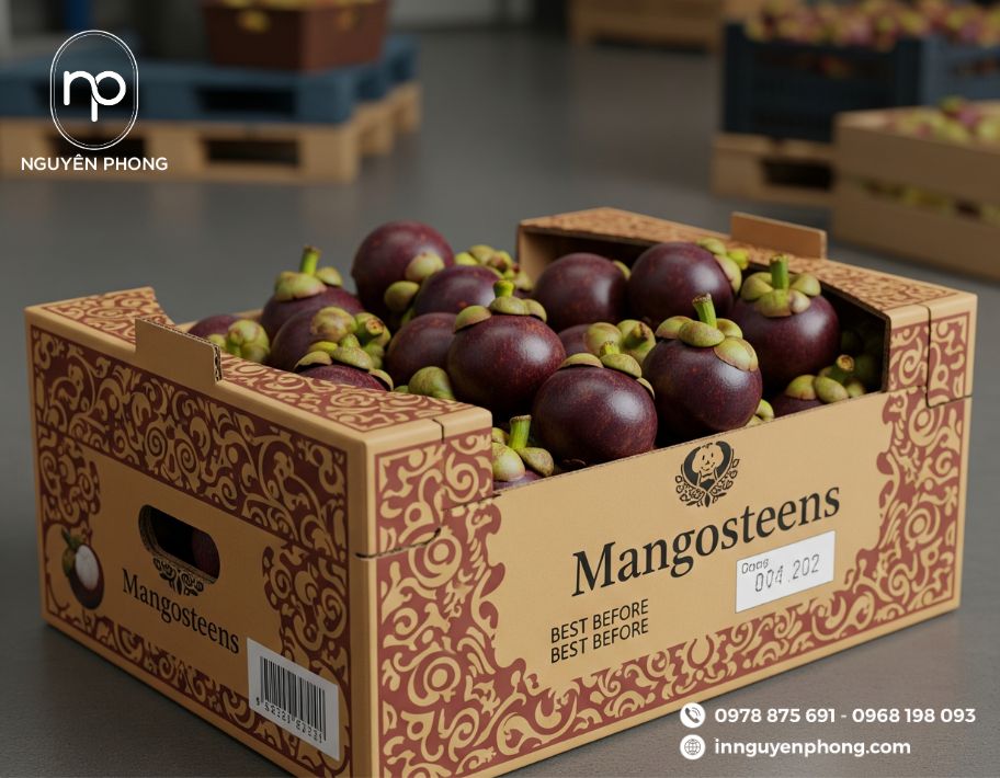 Mẫu thùng carton đựng măng cụt họa tiết